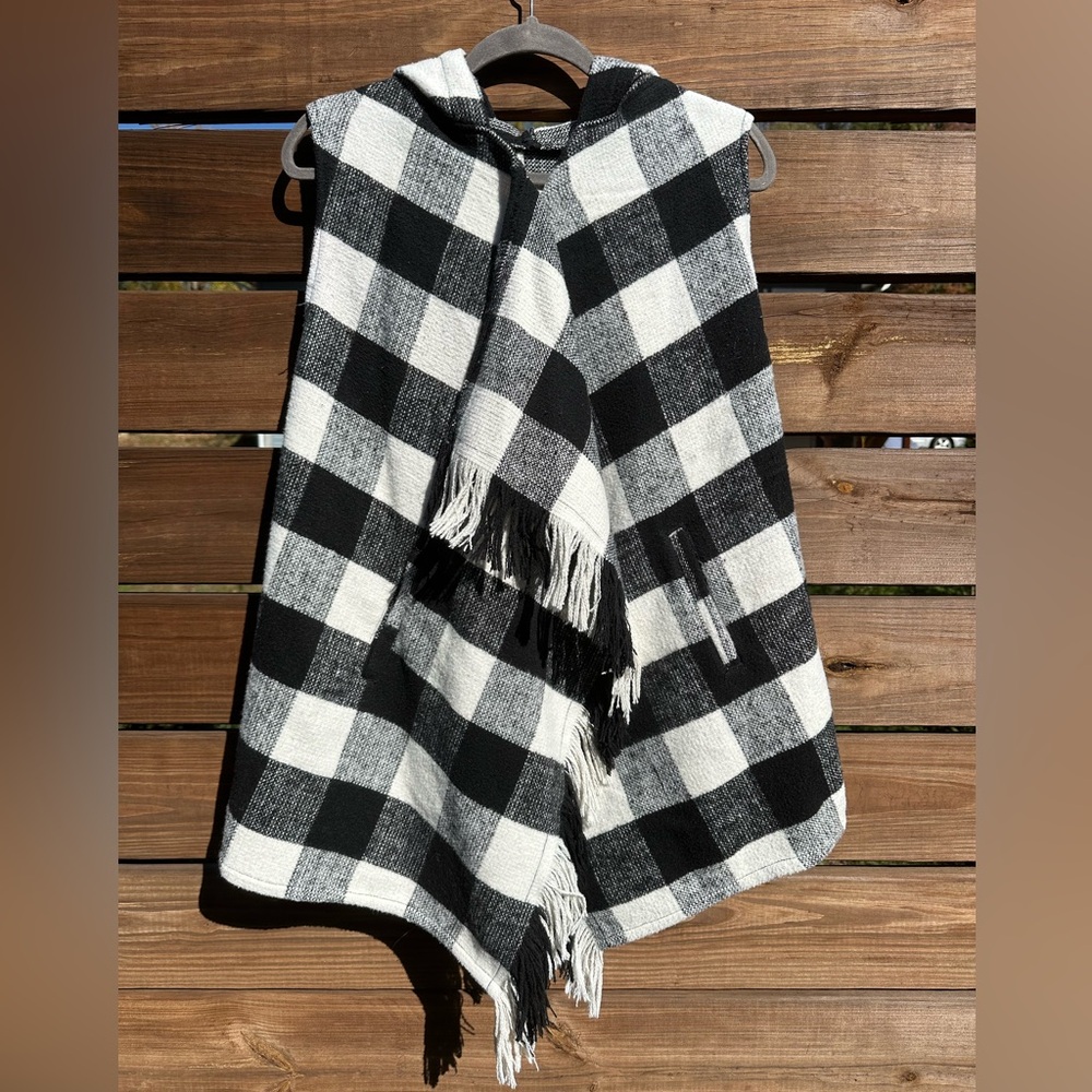 Jolt Black White Checkered Sleeveless Cardigan Hooded Jacket